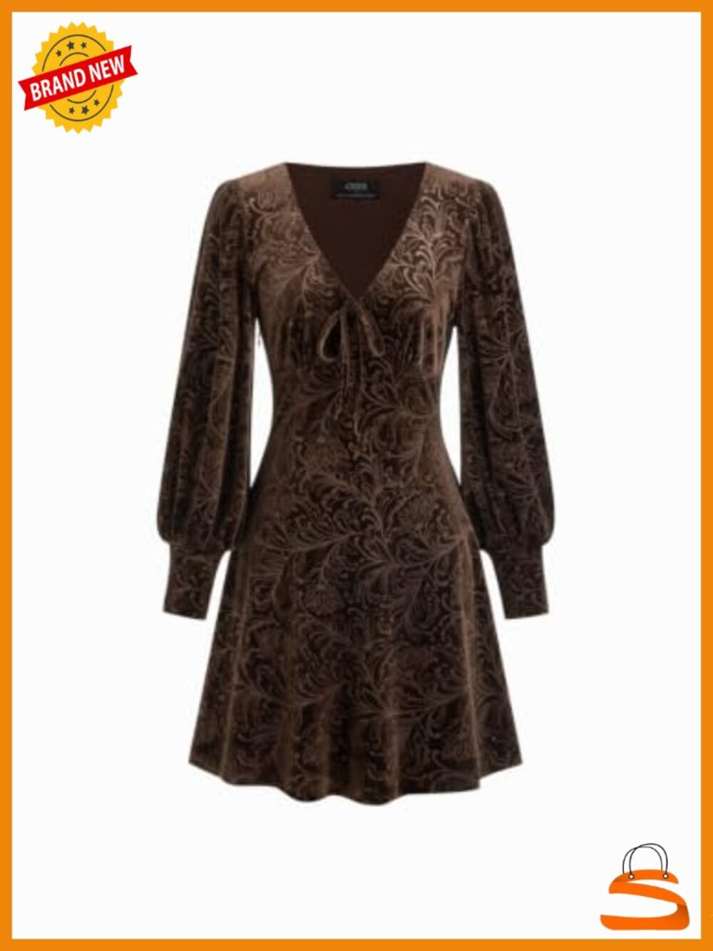 Velvet Floral Puff Long Sleeve Mini Dress V Neck Tie Front
